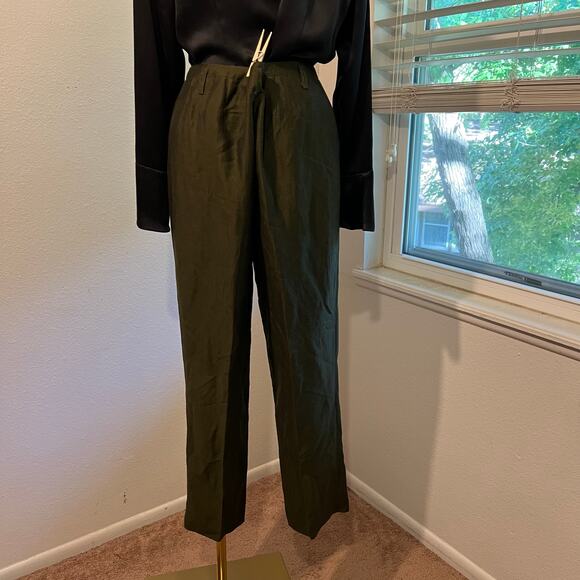 Kate Hill Dark Green Linen High Rise Relaxed Fit Trouser Pants Size 12 - Picture 7 of 13